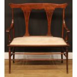 An early 20th century vernacular double chair back sofa, 99cm high, 91cm wide, the seat 79cm wide