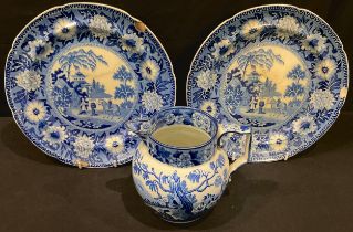 A pair of early 19th century John Rogers blue and white Zebra pattern shaped circular plates, 25cm