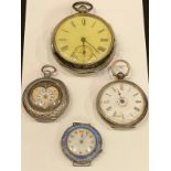 A silver fusee pocket watch (hinge a/f); two fob watches; a silver wristwatch (a/f) (4)