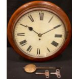 An early 20th century mahogany circular wall clock, Roman numerals, 38cm diameter, key and pendulum