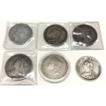 Coins, silver crowns: 1820 LX AF; 1821 Secundo F/AF; 1890 F; 1899 LXII F; 1900 LXIII AVF; also