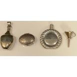 A silver scent flask and funnel; a pendant scent bottle; a silver pill box (4)