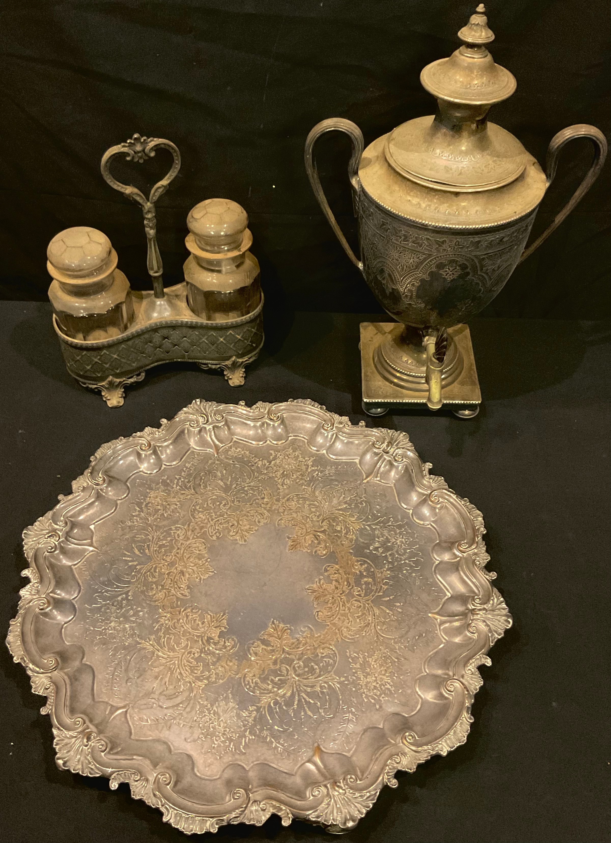 A Victorian plated samovar, 41cm high; a Victorian shaped circular tray, 43cm diameter; a pickle jar