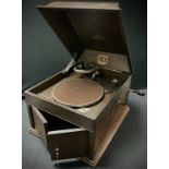An oak HMV (His Master's Voice) table top gramophone cabinet, number 109