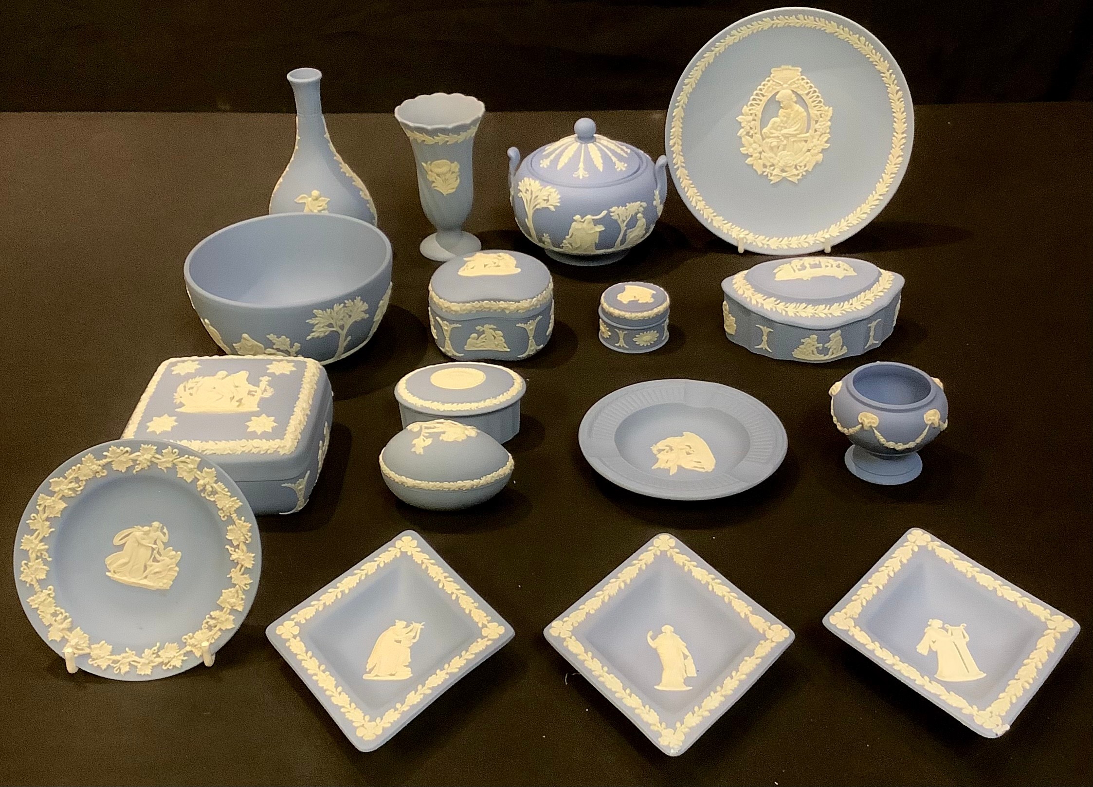 A Wedgwood Jasperware sucrier and cover, sugar bowl, bell, assorted vases, trinket box and cover,