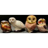 A Royal Crown Derby paperweight, , Snowy Owl, gold stopper; others, Little Owl, Tawny Owl and Barn