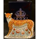 A Royal Crown Derby paperweight, Cheetah Daddy, gold stopper, boxed