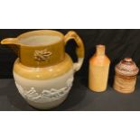 A large Victorian two-tone Harvest jug; a Bailey Fulham salt glazed tobacco jar and cover; a salt