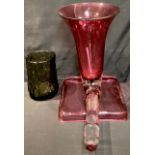 A large Art Glass Cranberry cornucopia; a Whitefriars glass vase