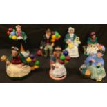 A Royal Doulton figure, Tuppence A Bag HN2320; six others, The Rag Doll Seller HN2944, Balloon