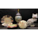 A Chinese export ware famille rose model of a cat, 26.5cm; a Japanese export ware Satsuma type