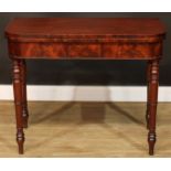 A George IV mahogany tea table, hinged top, turned legs, 75cm high, 91cm wide, 45.5cm deep