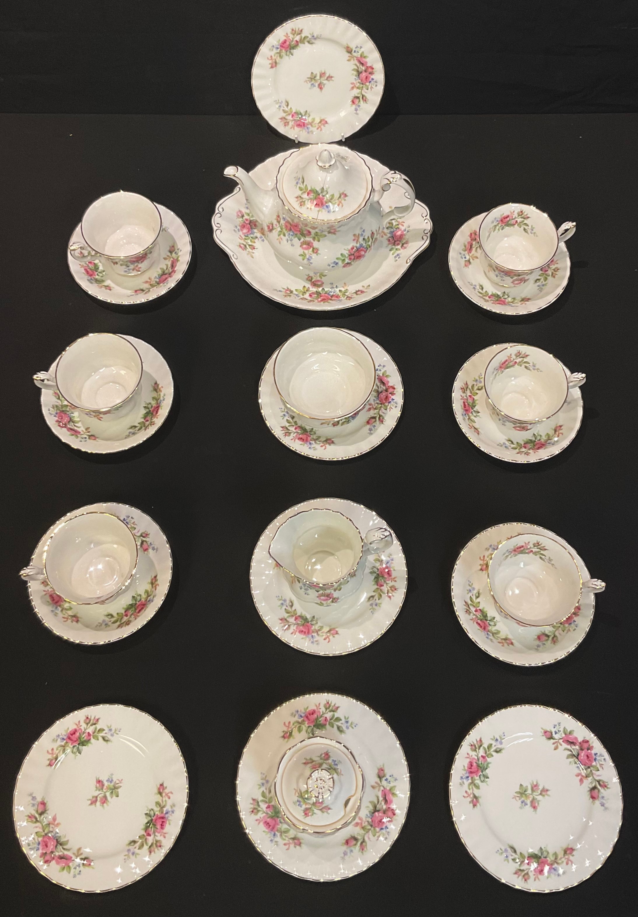 A Royal Albert Moss Rose tea service for six comprising teapot, cream jug, sucrier, cake plate, side - Image 2 of 3