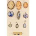 Jewellery - cameo brooches; three silver mounted Wedgwood Jasperware pendants; Delft brooches and