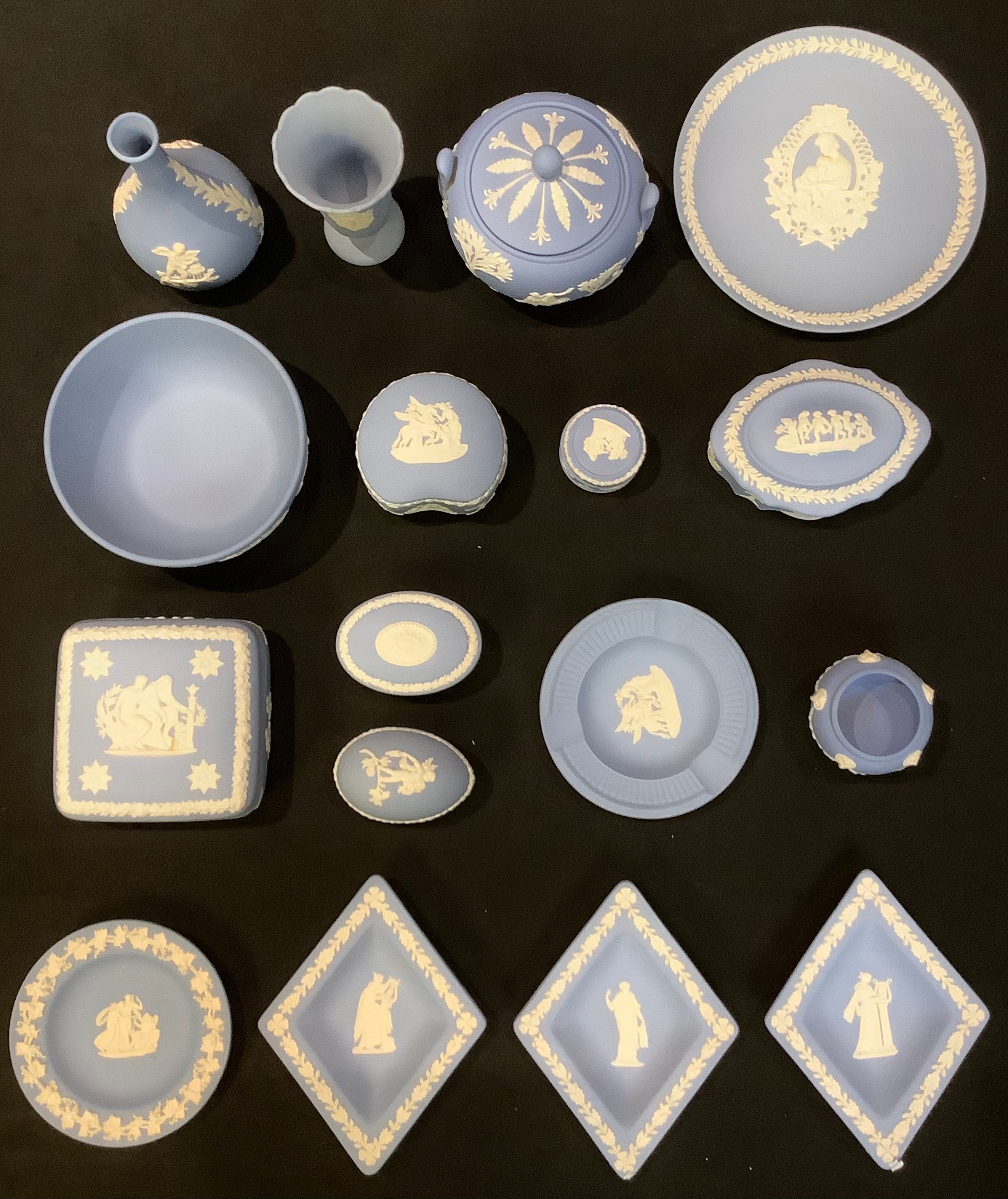 A Wedgwood Jasperware sucrier and cover, sugar bowl, bell, assorted vases, trinket box and cover, - Image 2 of 3