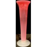 A Vasart type slender tapering cylindrical vase, opaque white glass circular base, 30cm