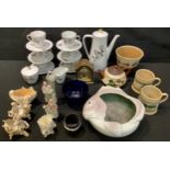 A Bavarian coffee service; Torquay ware teapot; Bristol blue glass bowl; Mocha vases and mugs; brass