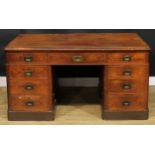 A late Victorian pine and mahogany twin pedestal desk, rectangular top above three frieze drawers,