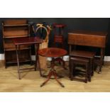 An oak waterfall bookcase; an oak serving trolley; washstand; low table; folding table; a