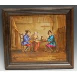A Continental porcelain rectangular plaque, painted with a traditional Dutch genre scene, after