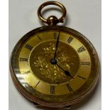 A 9ct gold lady's open face pocket watch, the engraved gilt dial with Roman numerals, 5.5cm over