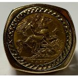 An Edward VII gold half sovereign, 1910, mounted in a bespoke 9ct gold ring, the shoulders pierced
