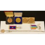 An Albert, with enamel Oddfellows fob; Masonic medals; two Niagara Falls bronze medallions; a 1953