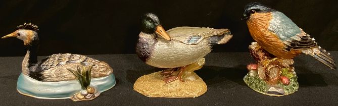 A set of three ornithological models, cast, decorated and applied with bright cut crystals, Mallard,