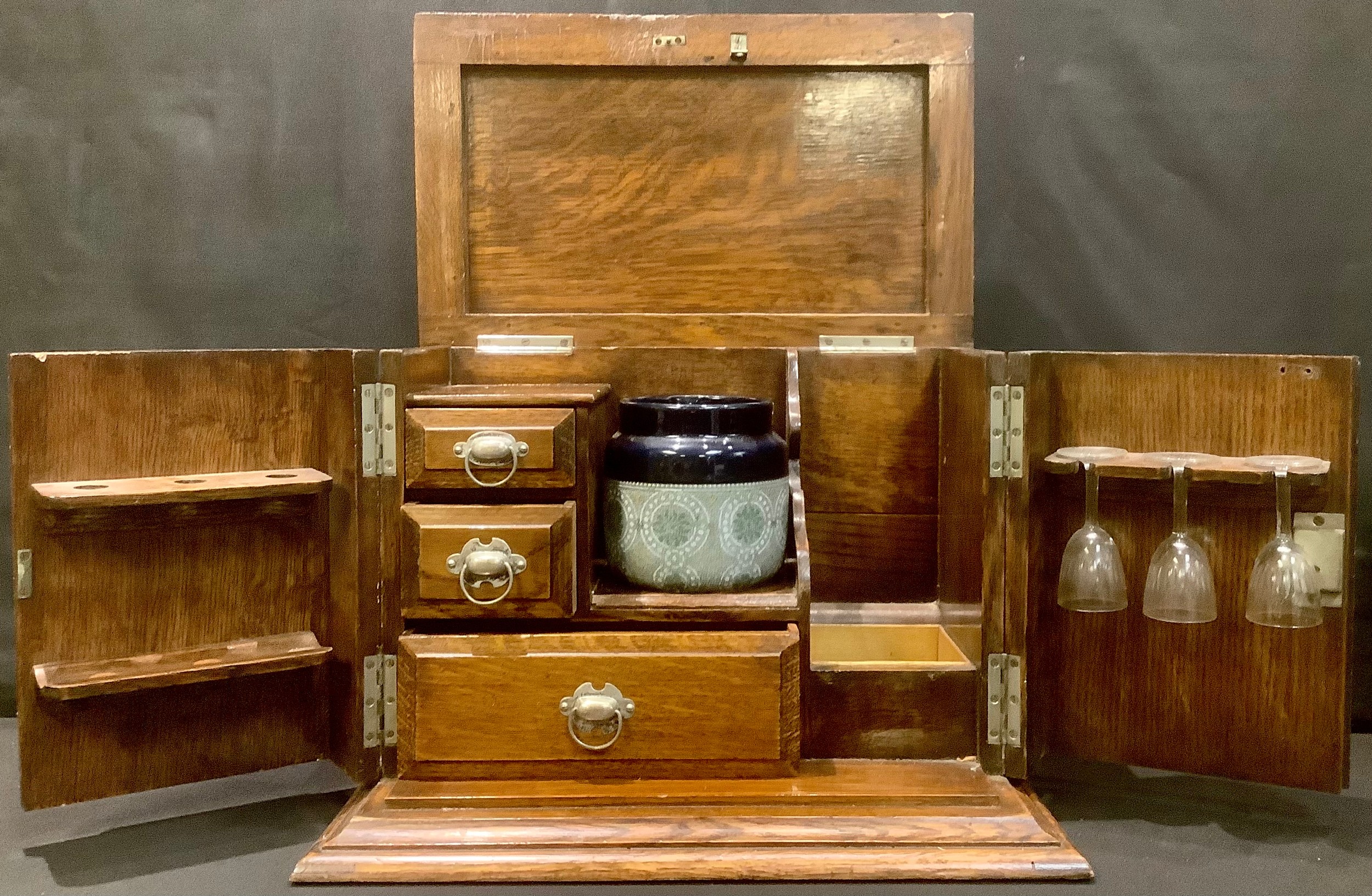 A Victorian oak after dinner cabinet, fitted for smoking and drinking with a tobacco jar, pipe rack, - Image 2 of 3