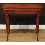 A mahogany card table, hinged top, rope twist legs, brass casters, 75.5cm high, 92cm wide, 45.5cm