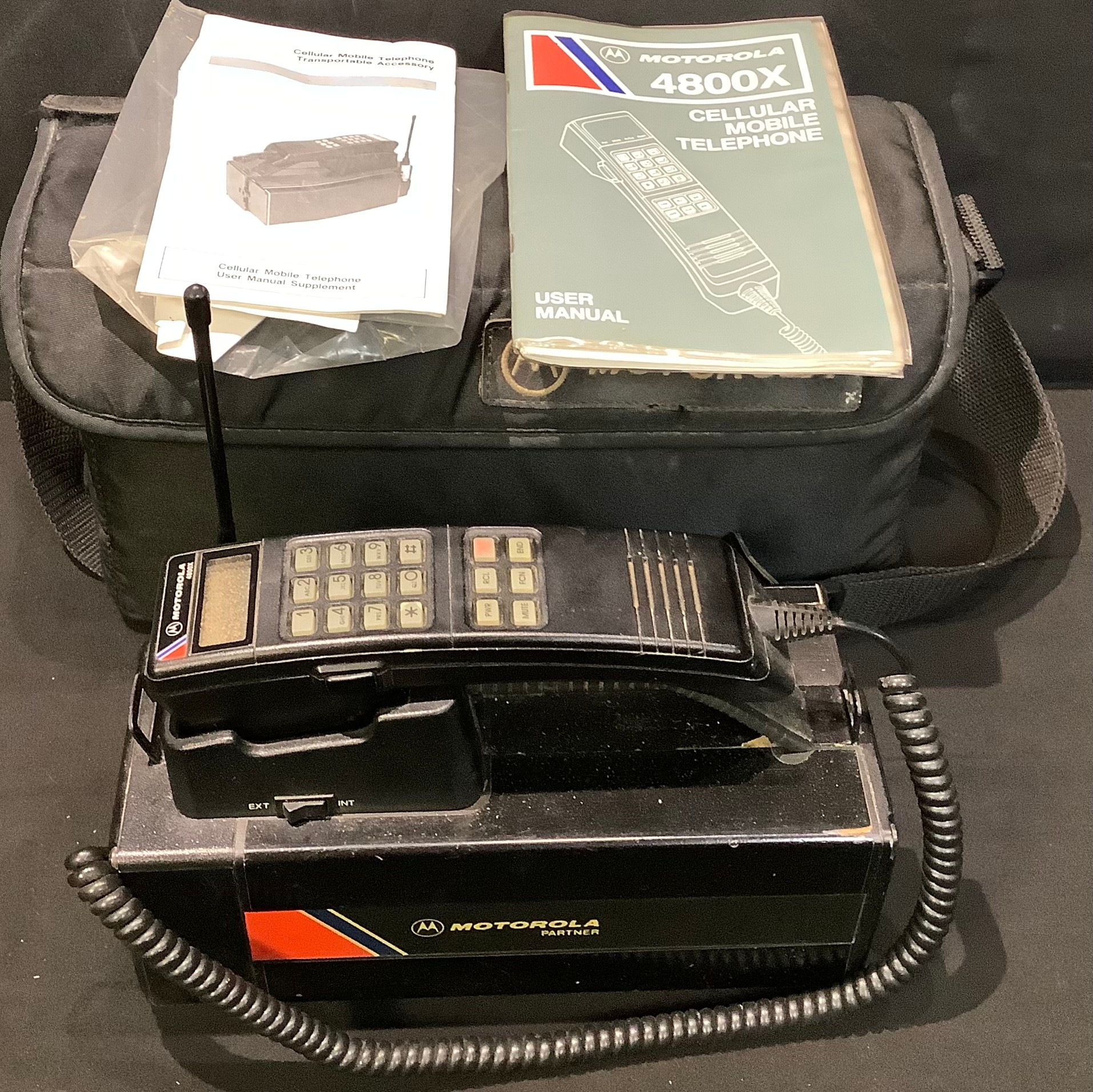 A Motorola 4800x mobile phone and battery pack, c.1989