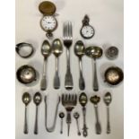 A quantity of silver including teaspoons, flatware, salt cellars, pocket watches, etc, 318g (qty)