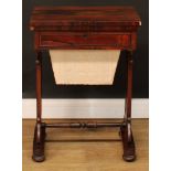 A William IV rosewood work table, hinged top above a single frieze drawer, basket undertier,