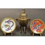 A Japanese Meiji bronze incense burner and cover, 17.5cm high; two cloisonné dragon dishes with