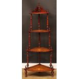 A Victorian walnut and marquetry four-tier corner whatnot, spirally fluted supports, 143.5cm high,