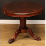 A Victorian mahogany centre table, oval top, panelled column, cabriole legs, paw feet, casters, 71.