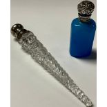 An early 20th century silver topped cut glass conical scent bottle, Sheffield 1916; another, blue