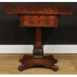 A William IV mahogany work table, rounded rectangular top with fall leaves above two frieze drawers,