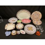 A set of six Spode Illuminated Gospel plates; a Maling pink lustre bowl; other Maling ceramics; a