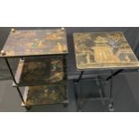 An Oriental three tier side table, brass bamboo legs, decorated with chinoserie figures, 68cm x