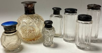A silver mounted cut glass dressing table scent bottle, inscribed Queen Elizabeth Merry England