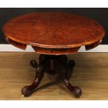 A Victorian walnut centre table, oval top anachronistically refashioned with fall leaves, turned