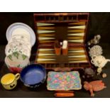 A Casino Fenari Backgammon set; a cast iron Beetle door stop; ceramic planters; decorative plates;