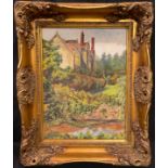 English School Country House Garden Scene unsigned, oil on board, 39cm x 29cm