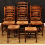 Six ladderback dining chairs, possibly Titchmarsh & Goodwin, rush seats; two similar stools (8)