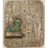 An Egyptian silver hieroglyphic brooch, set with ancient Egyptian style faience cat