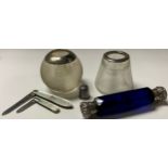 A Victorian Bristol blue type faceted scent and smelling salts double ended bottle, drop-in white