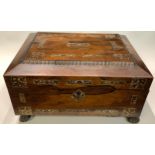 A Victorian rosewood mother-of-pearl inlaid work box, canted rectangular hinged cover original