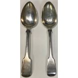 A composed pair of early 19thC silver fiddle pattern tablespoons, London, 1817 and 1834