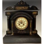 A large architectural belge noir marble clock, bronzed classical frieze, 46.5cm high